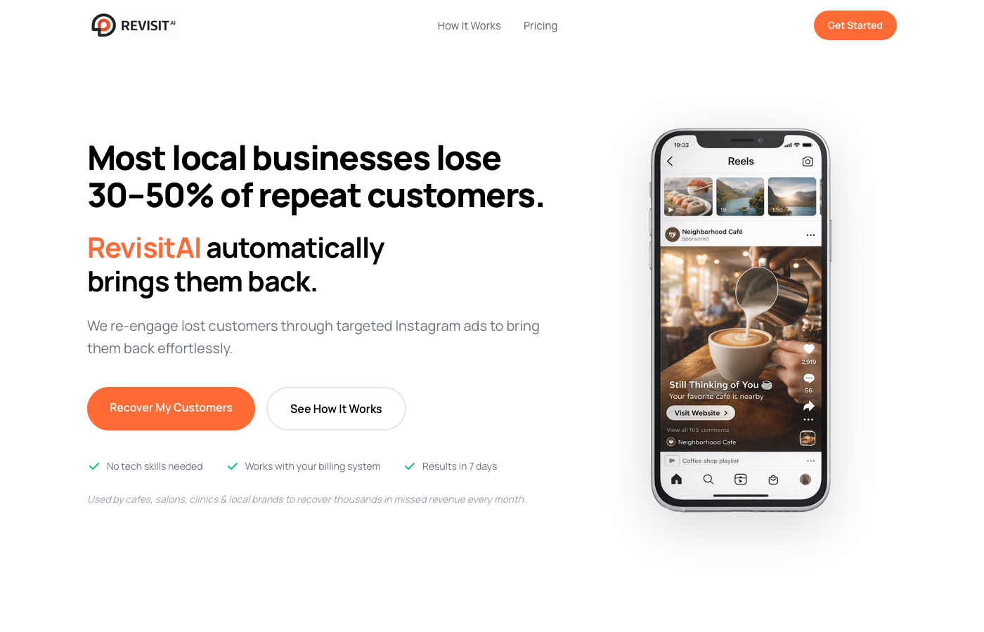 RevisitAI — AI-powered customer re-engagement platform for local businesses, built by MachX Labs